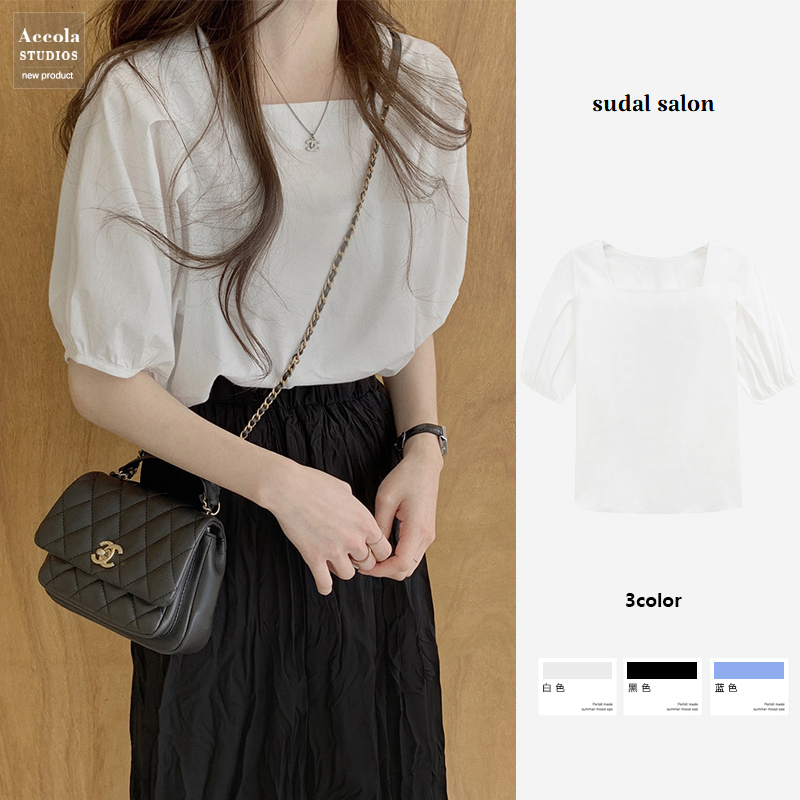 Spring and summer retro Hong Kong style French niche sweet short-sleeved square neck puff sleeve shirt women's tops versatile and fashionable