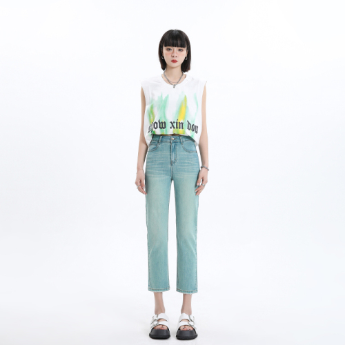 2024 spring and summer new color turquoise high-waisted slim straight jeans for women stretch nine-point raw edge cigarette pants