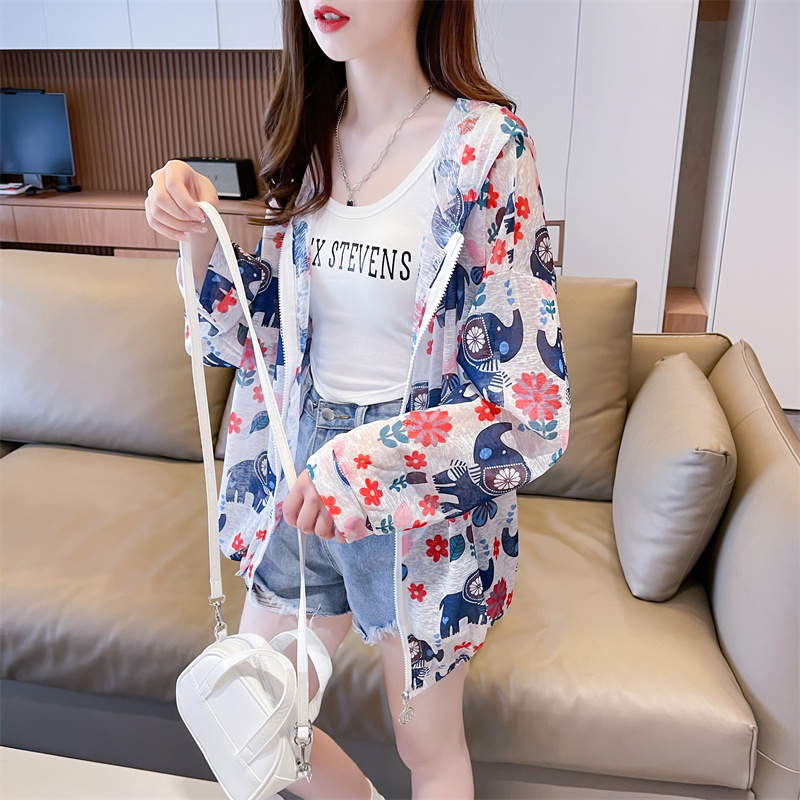 Real shot of ice silk nano silk thin mid-length loose cardigan zipper sun protection hooded jacket for women