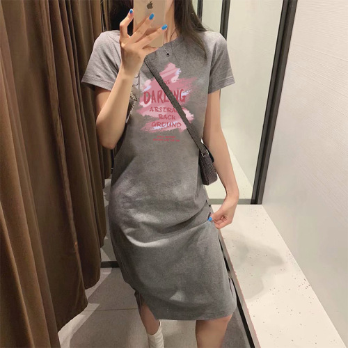 Pure cotton short-sleeved long skirt, loose casual knee-length T-shirt skirt, simple mid-length dress for women, slimming summer