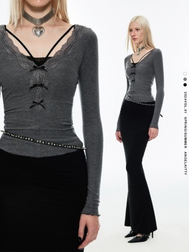 1JINN STUDIO Graceful lazy line slim waist solid color versatile lace V-neck knitted bottoming top