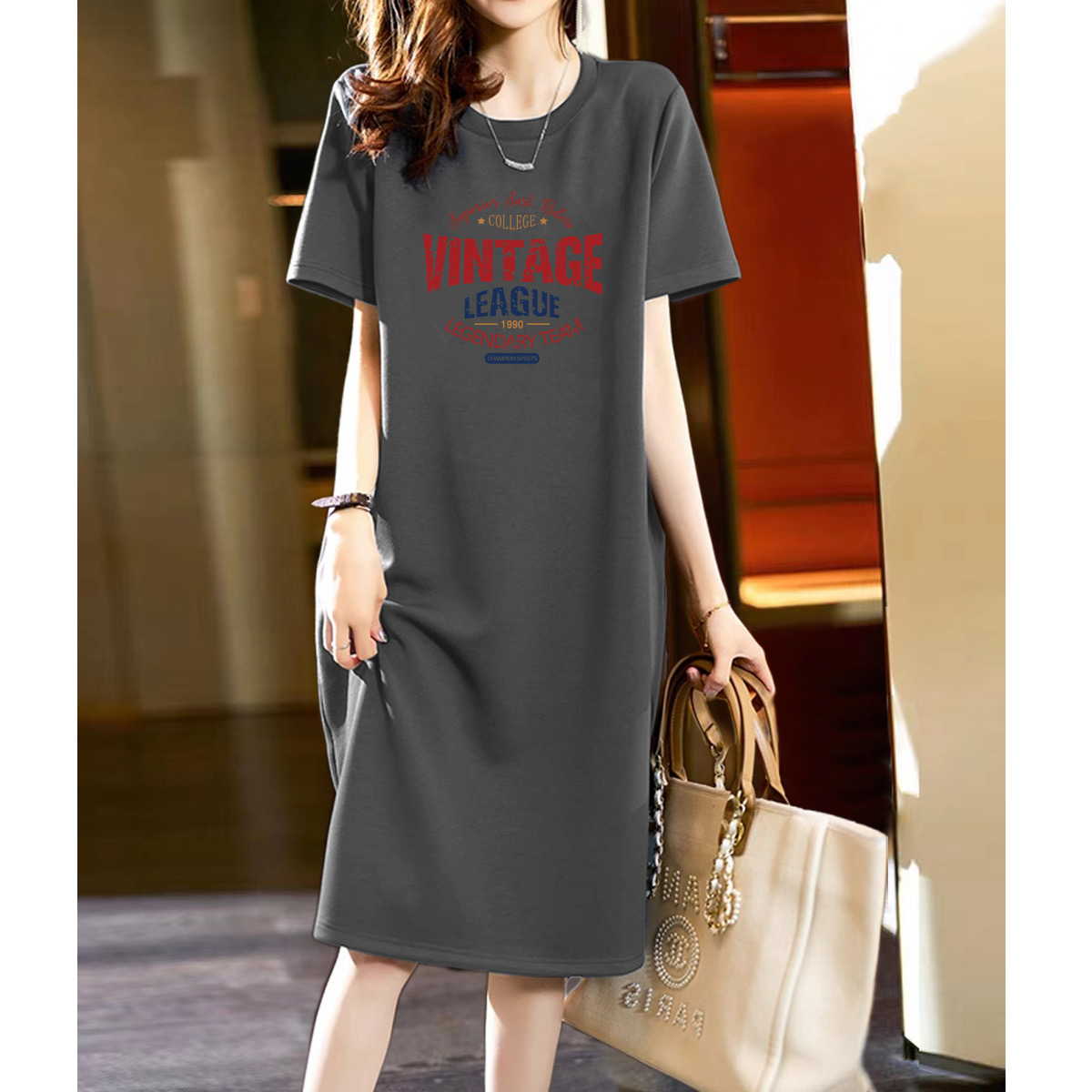 Pure cotton short-sleeved long skirt, loose casual knee-length T-shirt skirt, simple mid-length dress for women, slimming summer
