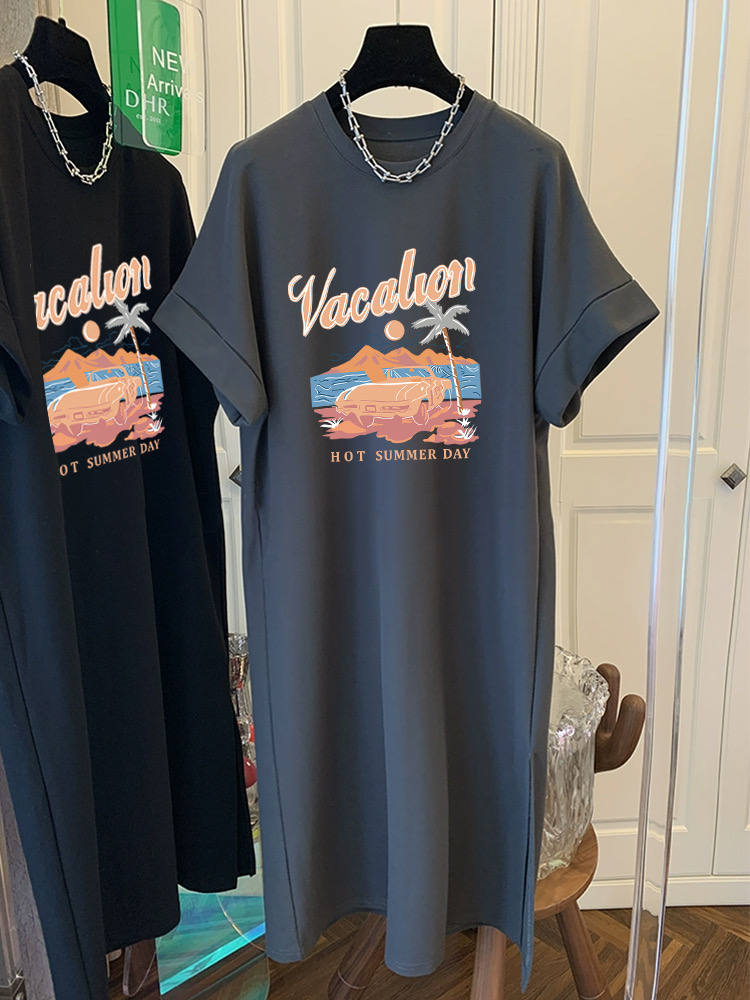 2024 New Lazy Style Korean Style Casual Dress Mid-Length Korean Letter Printed T-Shirt Dress Women Summer