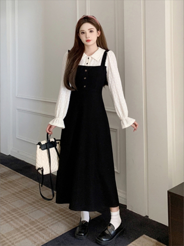 2024 spring and autumn new large size slightly fat mm contrasting color skirt spring fake two-piece French waist slimming dress
