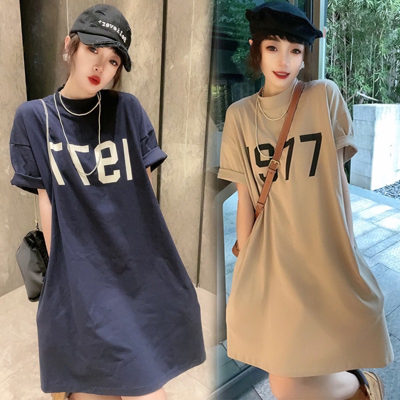 Pure cotton short-sleeved long skirt, loose casual knee-length T-shirt skirt, simple mid-length dress for women, slimming summer