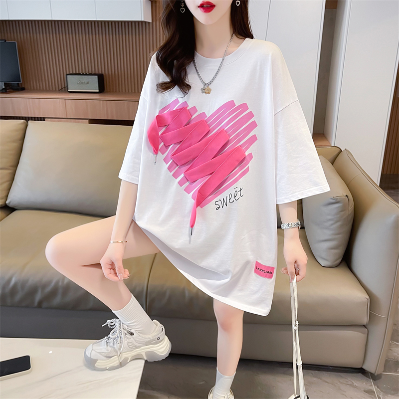 Actual shot Summer new Korean style loose back bag collar printed webbing printed mid-length large size short-sleeved T-shirt for women