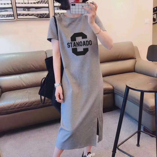 2024 summer new style pure cotton short-sleeved T-shirt dress Korean style loose large size mid-length over-the-knee long skirt dress for women
