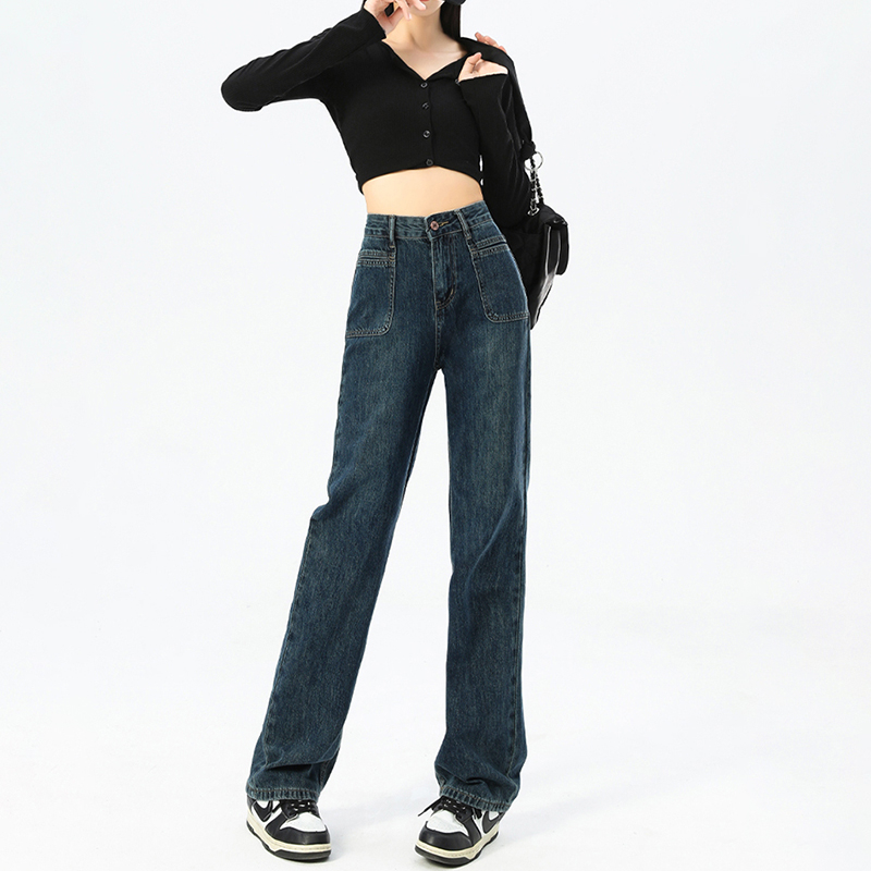 Retro casual wide-leg jeans for women, spring and autumn new style, high-waisted, straight-leg, loose, small, drapey floor-length jeans