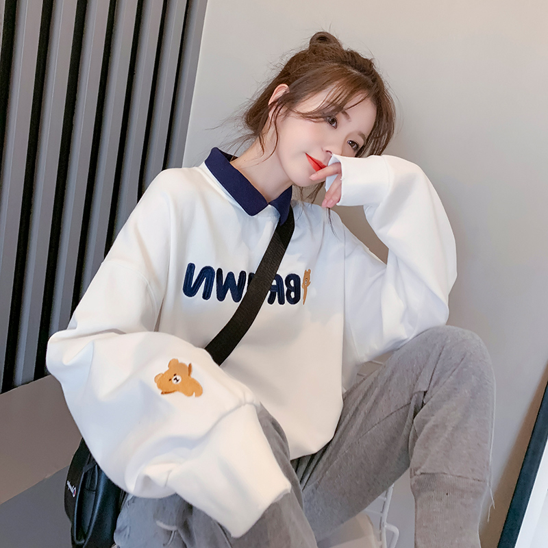 2024 Spring Korean Style Loose POLO Collar Fake Two Piece Cartoon Embroidered Large Size Thin Sweatshirt for Women