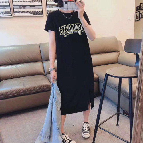 2024 summer new style pure cotton short-sleeved T-shirt dress Korean style loose large size mid-length over-the-knee long skirt dress for women