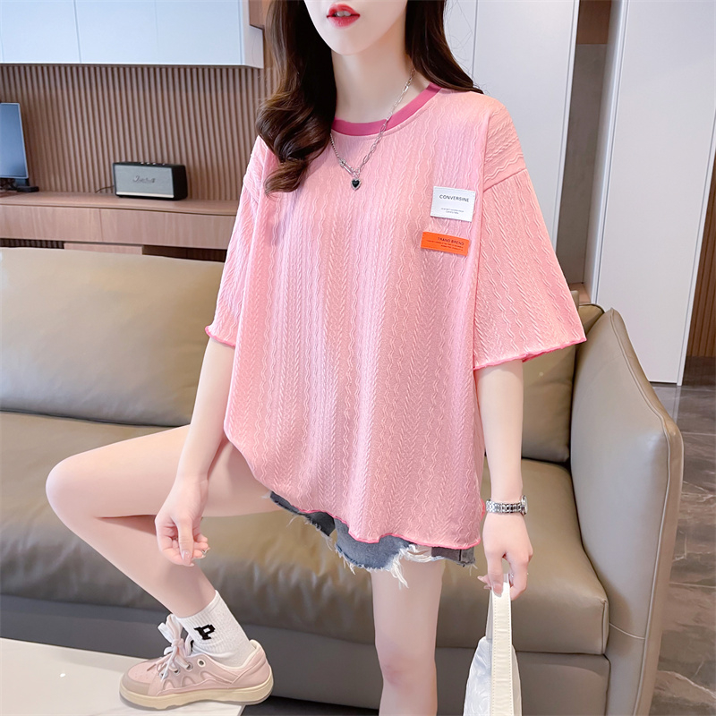 Real shot 2024 summer Korean style loose back bag collar bubble flower short style label versatile large size short-sleeved T-shirt for women