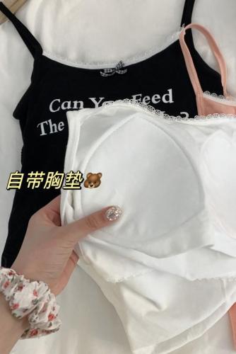 Real shot of sweet hottie letter printed outer camisole slim fit waist small lace versatile top