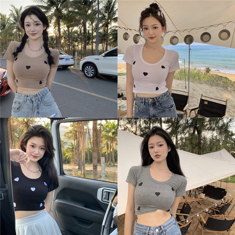 Threaded love embroidered short-sleeved T-shirt for hot girls high-waisted slim summer short top