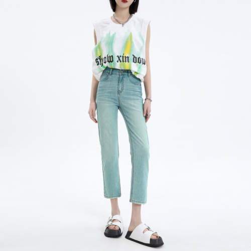 2024 spring and summer new color turquoise high-waisted slim straight jeans for women stretch nine-point raw edge cigarette pants