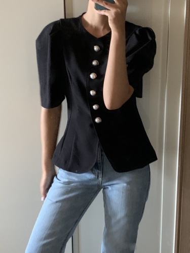 !  Temperament puff sleeve niche design slim fit pearl button versatile top short-sleeved jacket