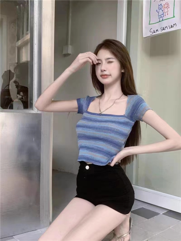 Square neck striped sweater for women 2024 summer short design niche pure lust hottie chic short-sleeved top