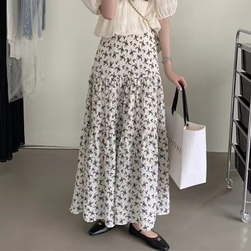 Korean style pleated floral skirt for women 2024 summer high waist slim skirt retro mid-length large hem a-line skirt