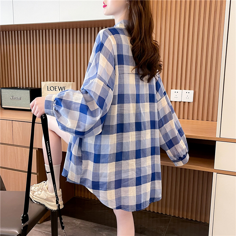Official picture of summer 2024 loose design mid-length versatile plaid shirt for women