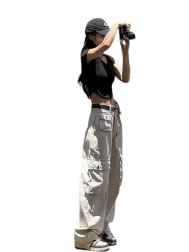 Extra thick washed American retro high street white workwear wide-leg pants for women in autumn small casual trousers