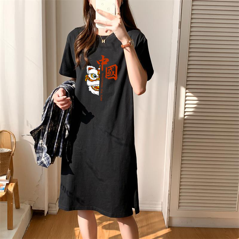 Pure cotton short-sleeved long skirt, loose casual knee-length T-shirt skirt, simple mid-length dress for women, slimming summer