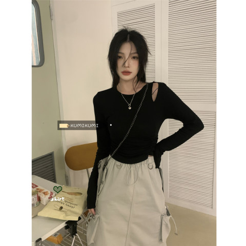 Official picture 90 fiber 10 spandex double-sided German velvet brushed T-shirt for women with long sleeves and hollow holes