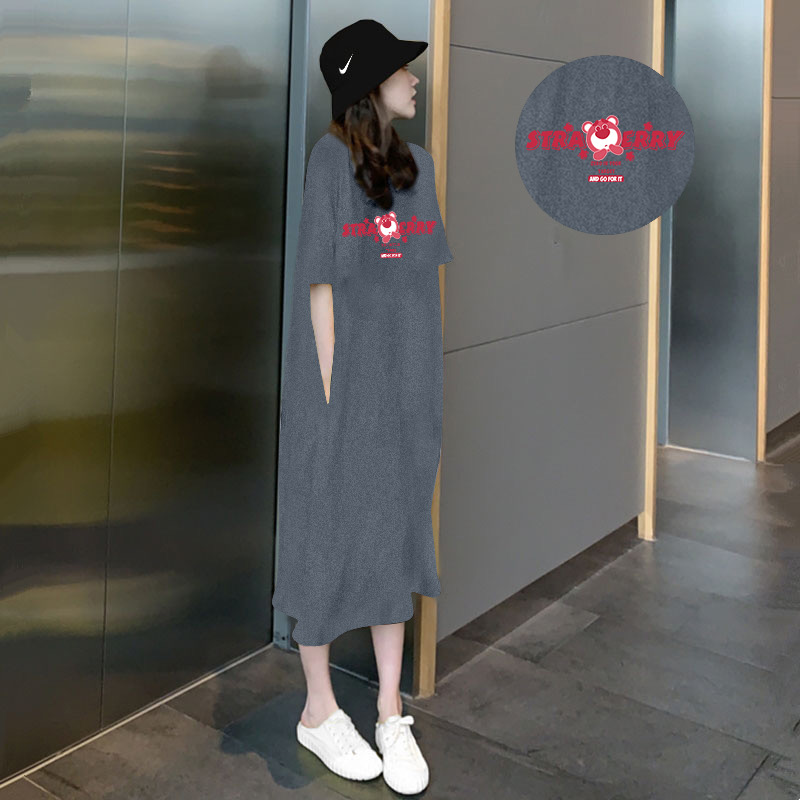 Pure cotton short-sleeved long skirt, loose casual knee-length T-shirt skirt, simple mid-length dress for women, slimming summer