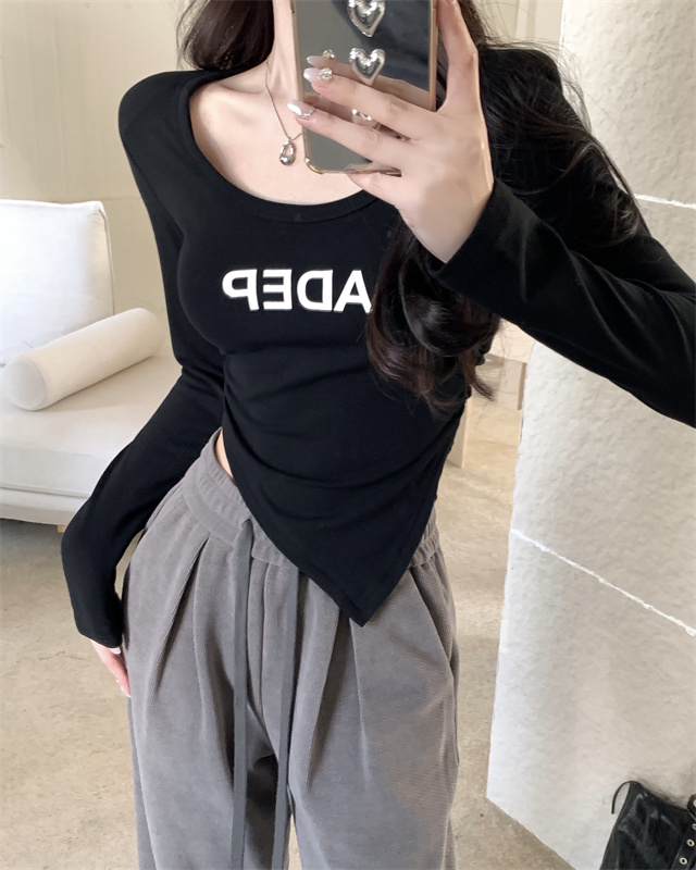 Actual shot ~ Brushed letter print shoulder pad long-sleeved T-shirt for women with waisted irregular bottoming shirt for women