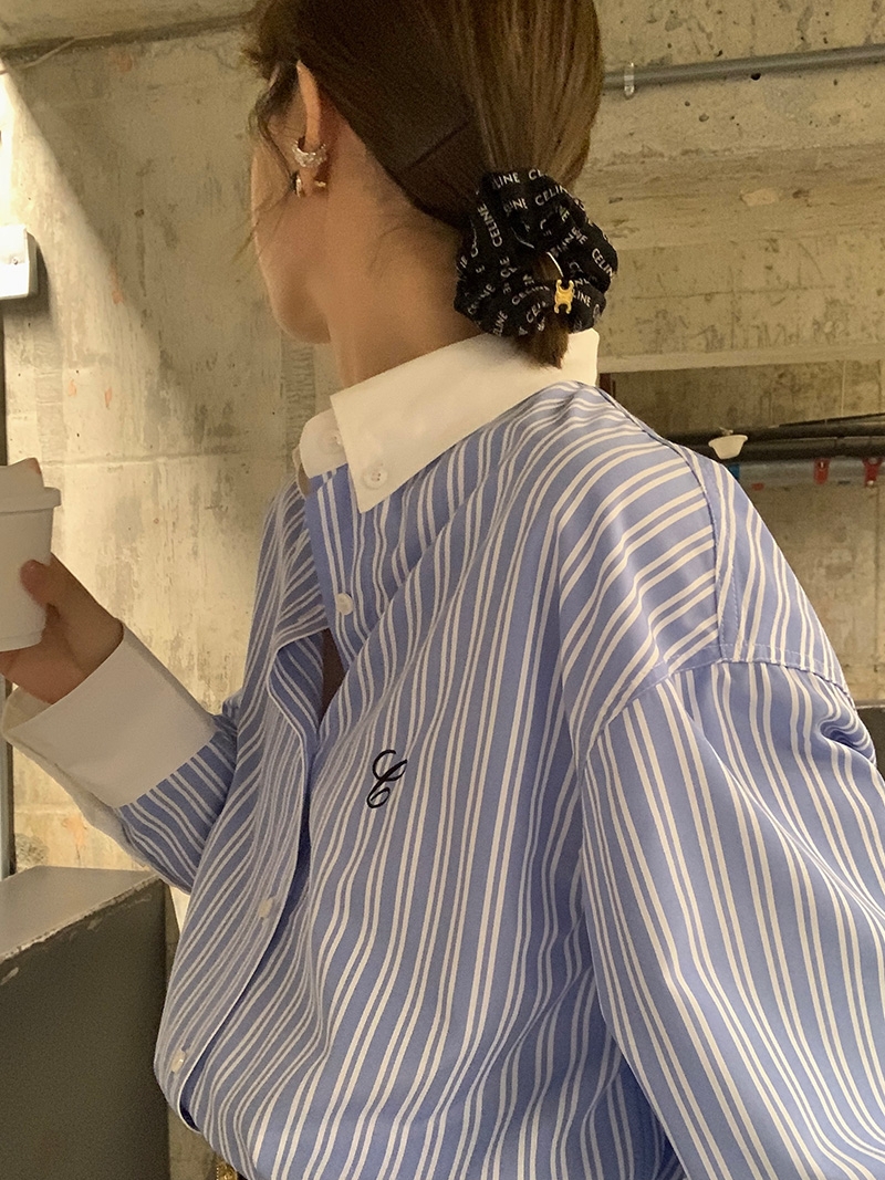 13C Embroidered Striped Shirt Spring New Style Loose Slim Versatile Temperament Design Niche Top