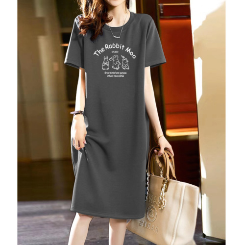 Pure cotton short-sleeved long skirt, loose casual knee-length T-shirt skirt, simple mid-length dress for women, slimming summer