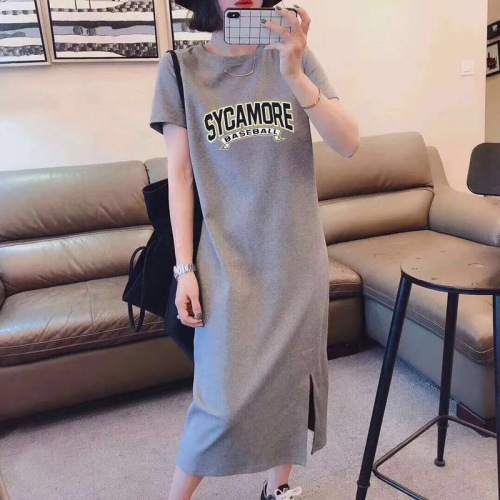 2024 summer new style pure cotton short-sleeved T-shirt dress Korean style loose large size mid-length over-the-knee long skirt dress for women