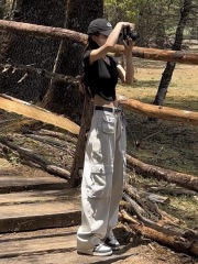 Extra thick washed American retro high street white workwear wide-leg pants for women in autumn small casual trousers