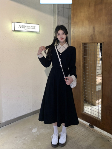 80-200 pounds large size long-sleeved fake two-piece dress spring new fat mm high-waist slim retro dress