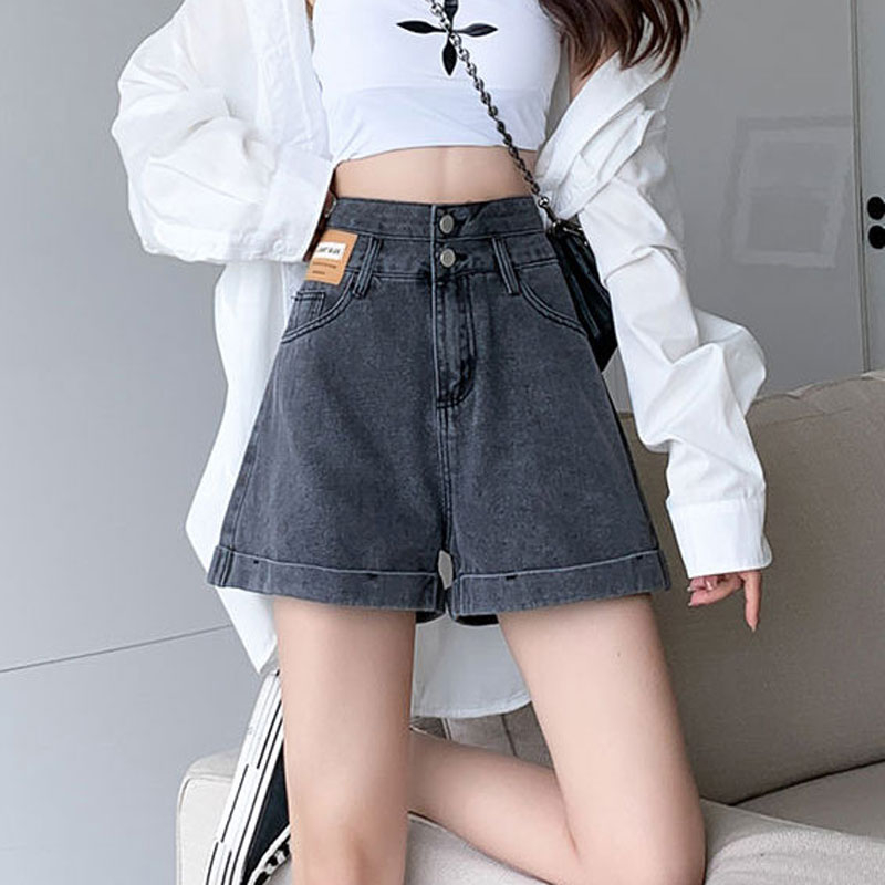 Double-button ultra-high-waisted denim shorts for women ins thin design leather brand loose straight a-line curled wide-leg hot pants