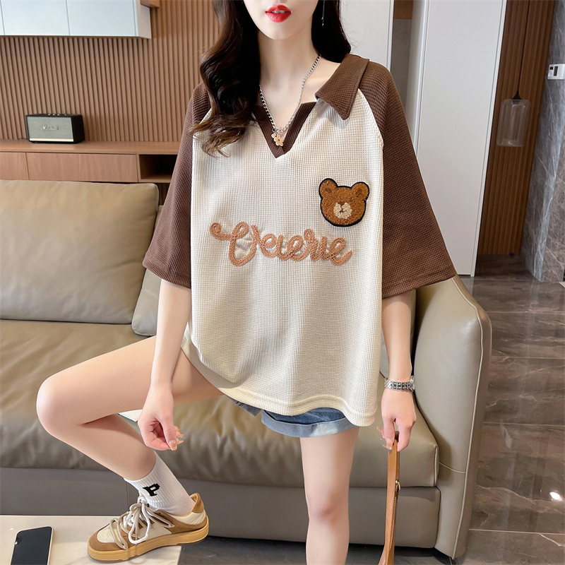 Real shot 2024 spring Korean style loose waffle POLO collar cartoon embroidery large size short-sleeved T-shirt for women