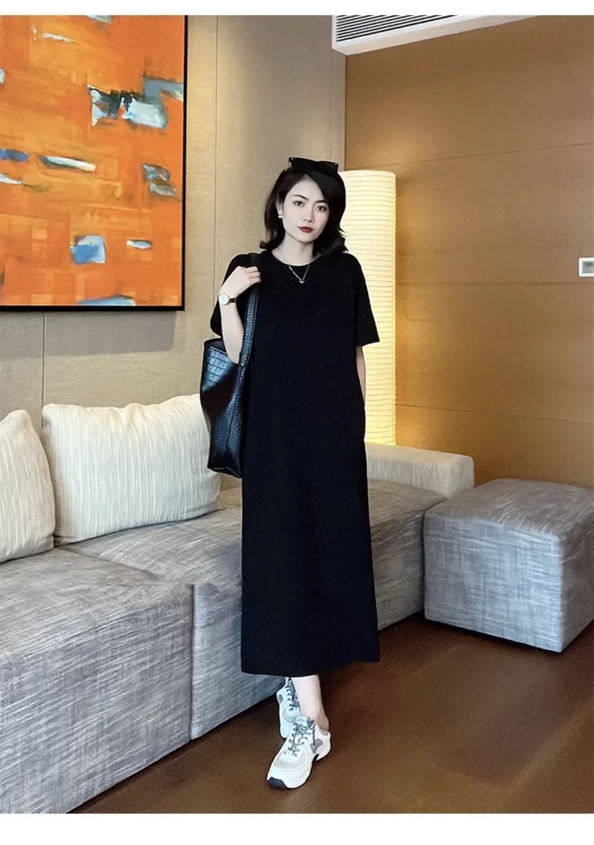 2024 summer new style pure cotton short-sleeved T-shirt dress Korean style loose large size mid-length over-the-knee long skirt dress for women