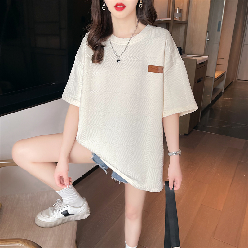 Actual shot of new summer Korean style loose jacquard back bag collar round neck label mid-length large size short-sleeved T-shirt for women