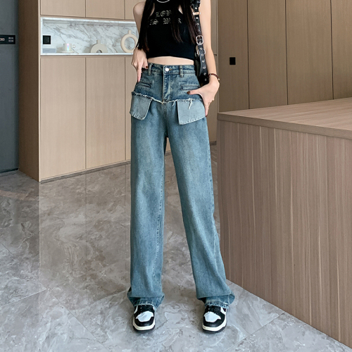 Real shot of design niche splicing loose jeans autumn retro all-match wide-leg pants trousers high-waisted pants