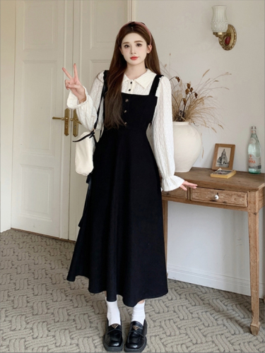 2024 spring and autumn new large size slightly fat mm contrasting color skirt spring fake two-piece French waist slimming dress