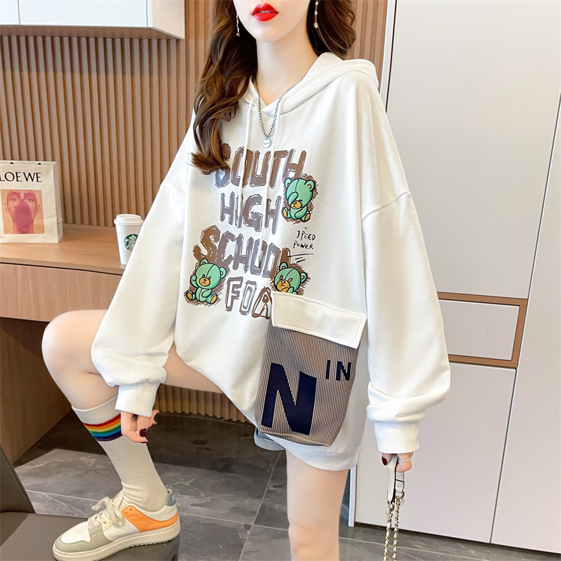 Actual shot of spring Korean style loose hooded pocket cartoon print mid-length plus size women's thin sweatshirt for women