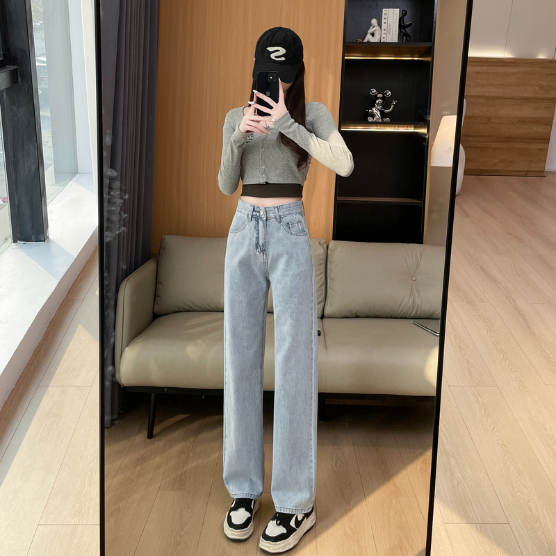 Actual shot of 2024 spring fashionable temperament floor-length jeans for women straight-leg loose internet celebrity wide-leg pants