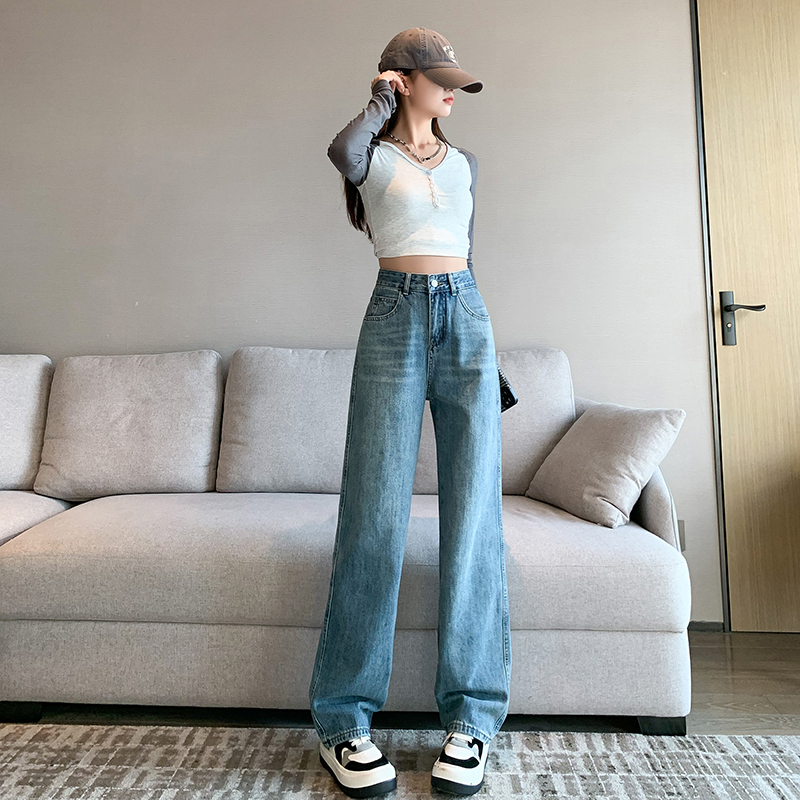 Real shot of 2024 spring loose lazy style retro blue straight jeans women's narrow floor mopping pants fashion