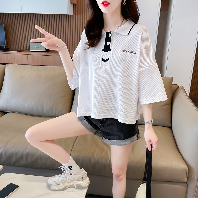 Actual shot of new summer Korean style loose back collar waffle Polo collar patch large size short-sleeved T-shirt for women