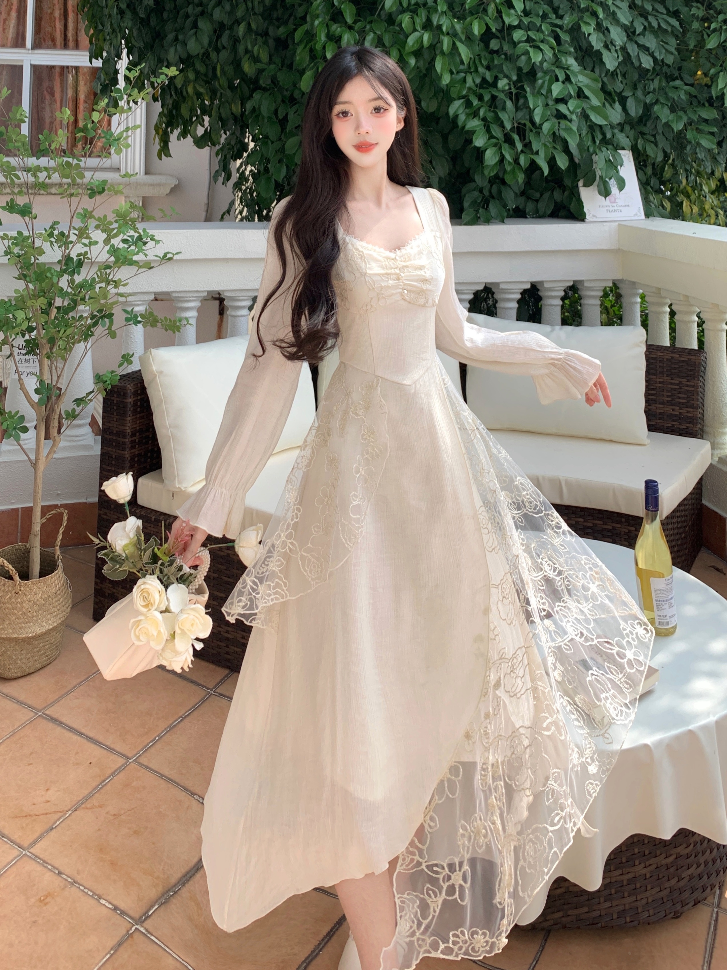 Actual shot ~ Spring and summer new Chinese style cool style irregular lace splicing layered dress