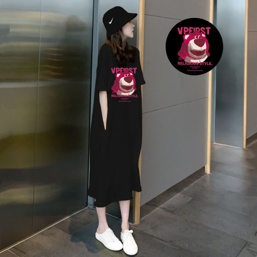 Pure cotton short-sleeved long skirt, loose casual knee-length T-shirt skirt, simple mid-length dress for women, slimming summer