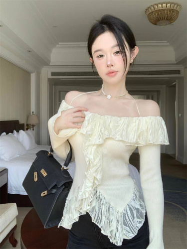 Real shot of Flower Fairy's Dream lace heavy-duty splicing slimming irregular halterneck knitted top