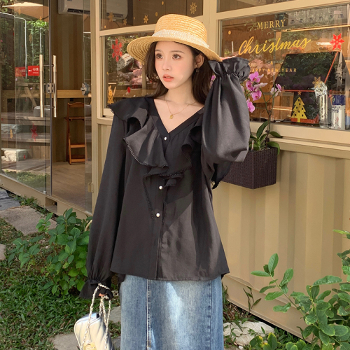 Plus size women's Korean style loose sweet shirt V-neck solid color elegant plus size shirt top