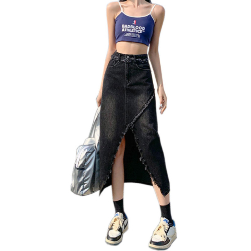 Slit denim skirt women's ins style new style raw edge high waist irregular straight straight mid-length a-line black and gray half-length hip skirt