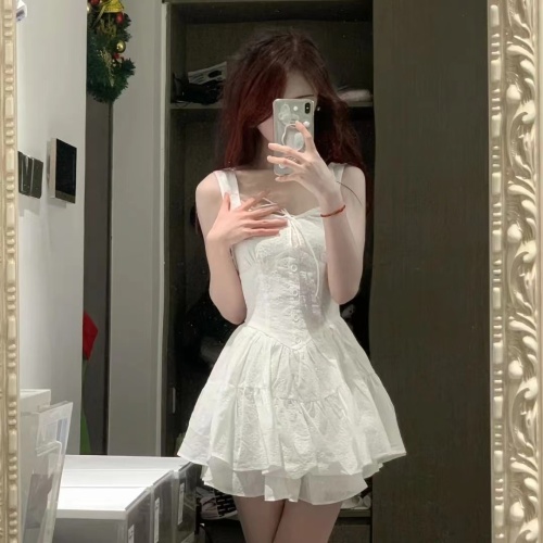 Pure cotton ballet style chic unique suspender skirt French waist slimming wear high-end first love feeling white skirt