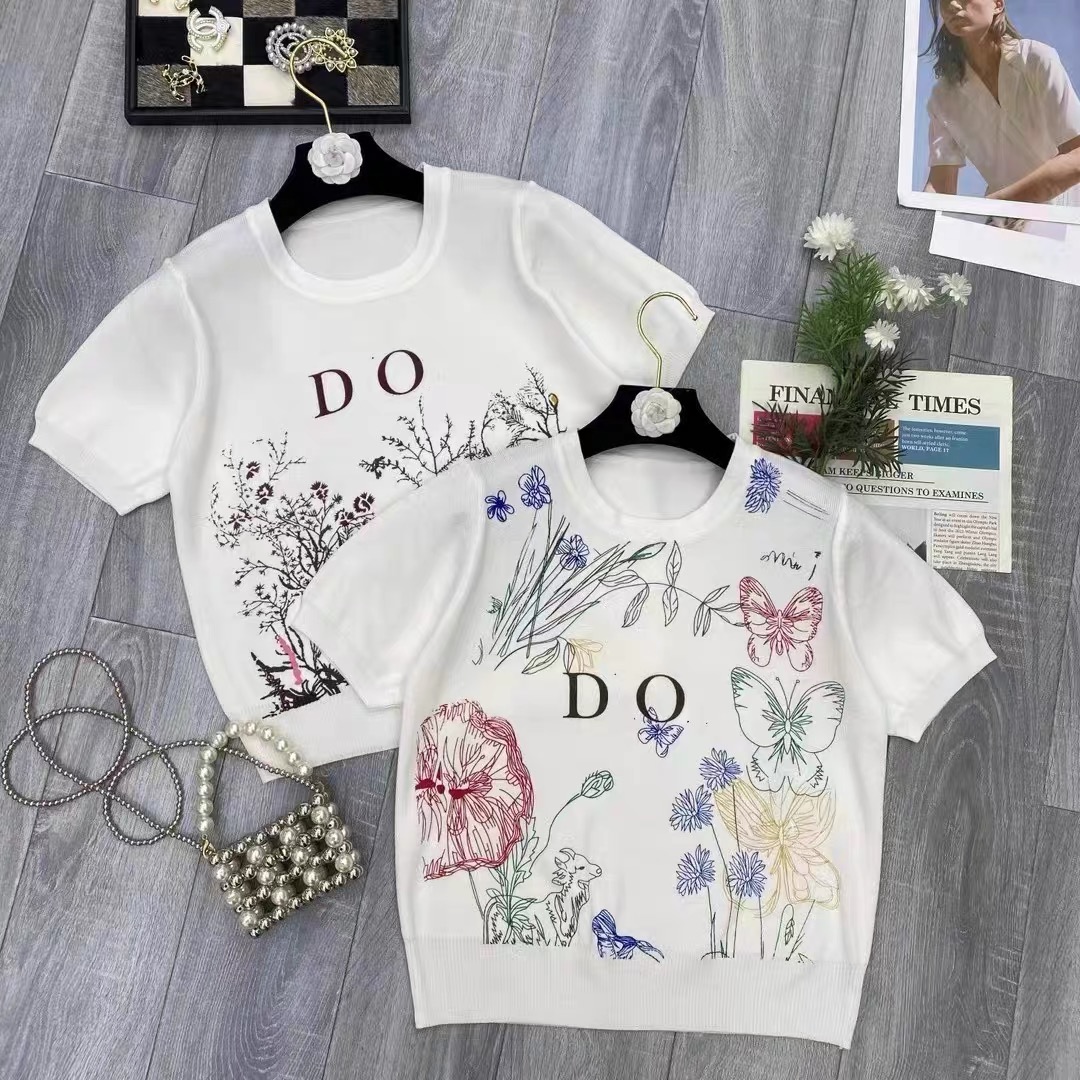 European station 2024 spring new women's high-quality YB plant flower DD letter jacquard short-sleeved sweater T-shirt