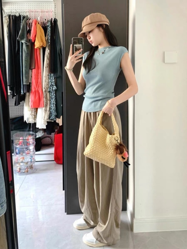 Right shoulder top women's short-sleeved T-shirt early spring dopamine wear 2024 summer new wide-leg pants two-piece suit